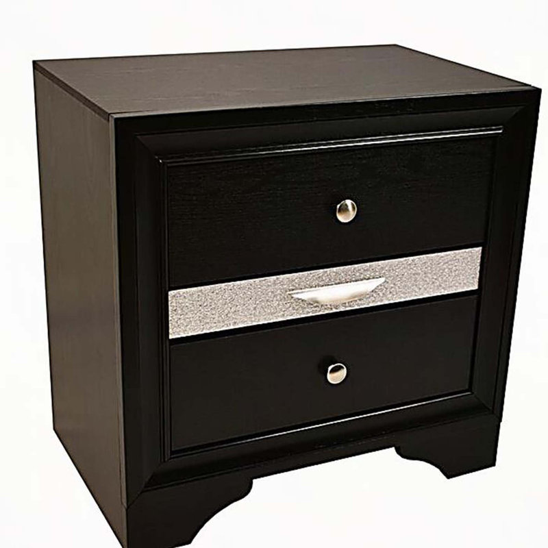 Table de chevet 2 tiroirs de style traditionnel en bois de couleur noire, Noir