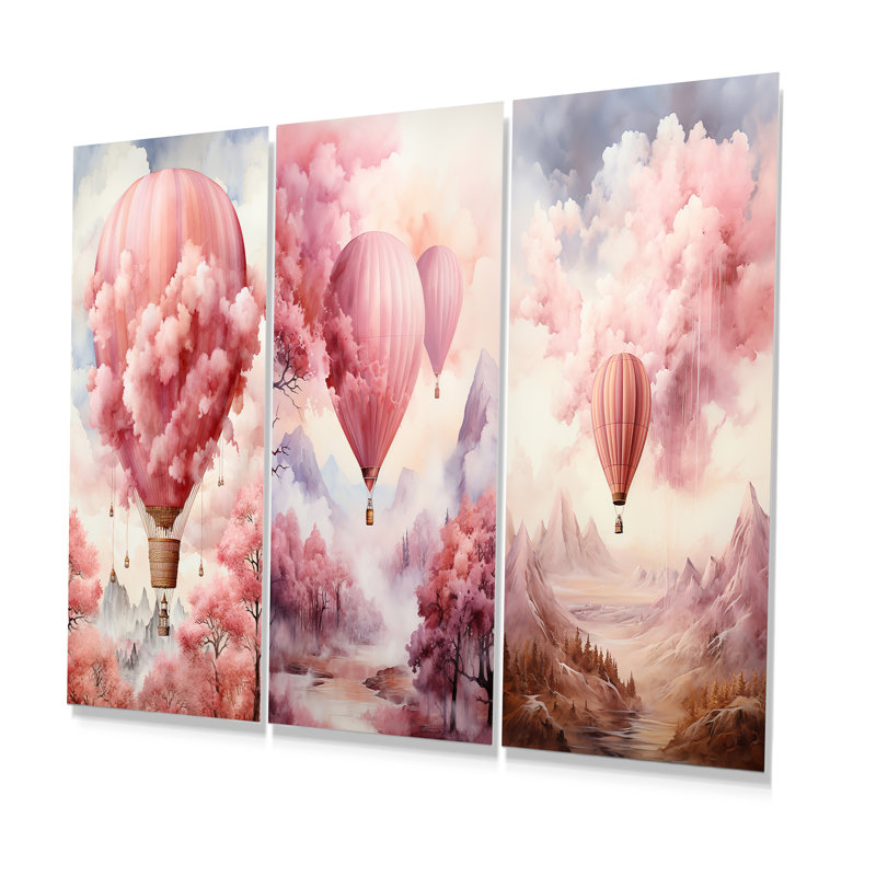 «Pink Whimsical Balloon Magic» - ensemble d'art mural en métal à montgolfière, H 32 po x l 48 po