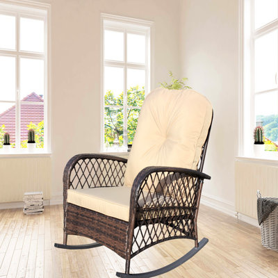 Chaise berçante extérieure, siège spacieux et structure en acier, mobilier de jardin, chaise berçante à coussin brun peu profond pour les environnements, style de rembourrage, marque, cour arrière, niveau de travail au sol
