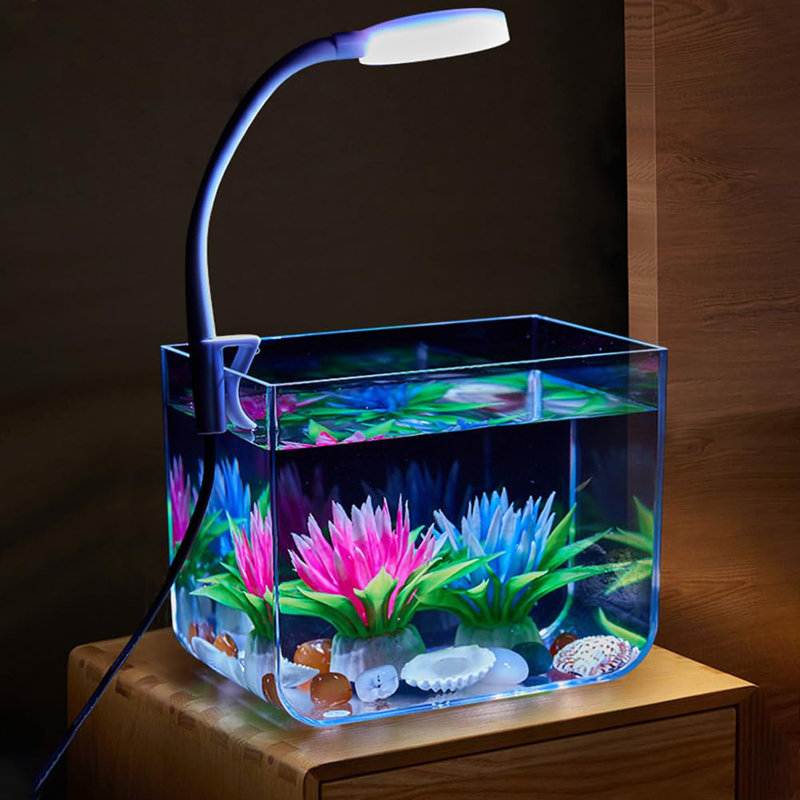 Mini ensemble de démarrage d'aquarium pour décor de poisson - Petit aquarium en plastique ultra-clair avec pince lumineuse - Base antidérapante, parfait pour les petits poissons - affichage à la maison ou au bureau - 7,5 x 10,5 x 12,5 cm