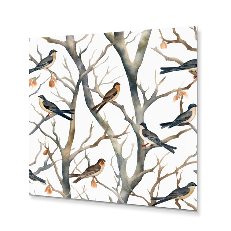 Décoration murale en métal Petits oiseaux sur les branches d'arbre VI, H 16 po x l 16 po x P 1 po