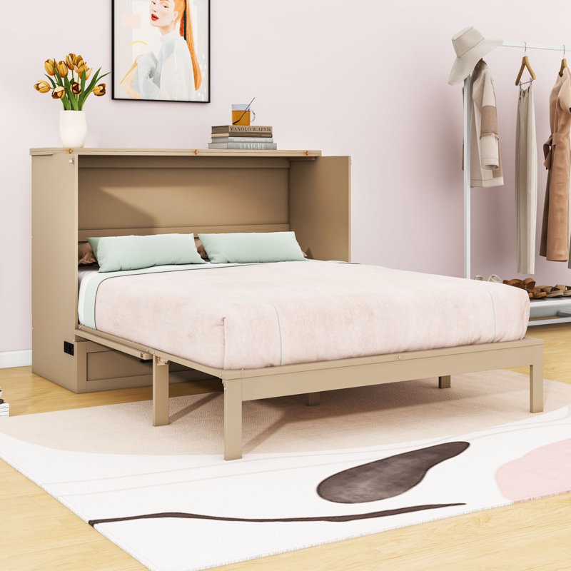 Lit escamotable double avec finition en rotin, port USB et amplement de rangement, Doré, Lit double