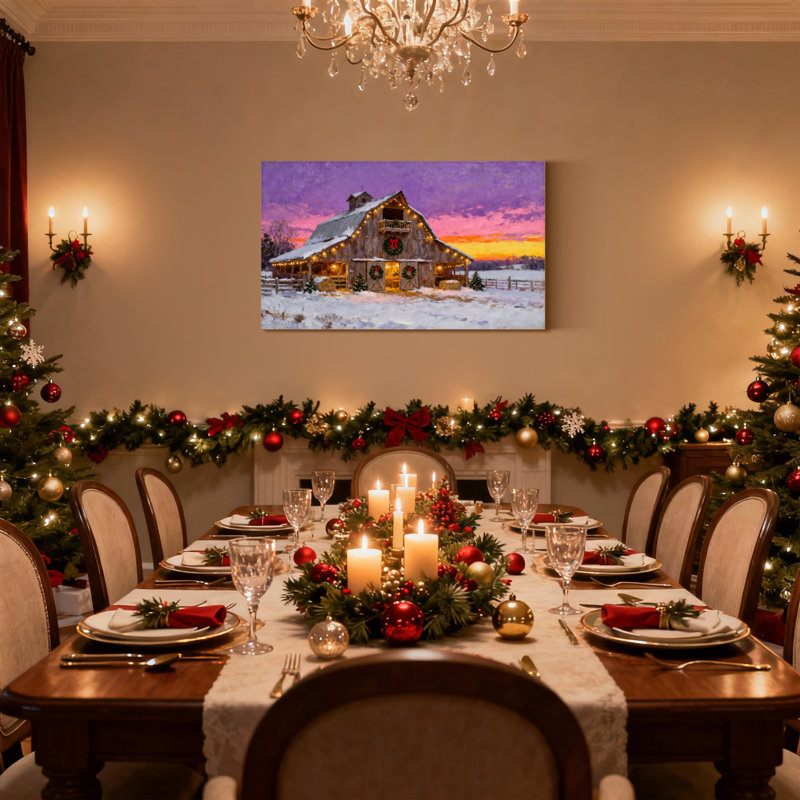 Grange de Noël avec lumières de Noël et couronnes, ensemble de 3 impressions sur toile, H 20 po x l 30 po