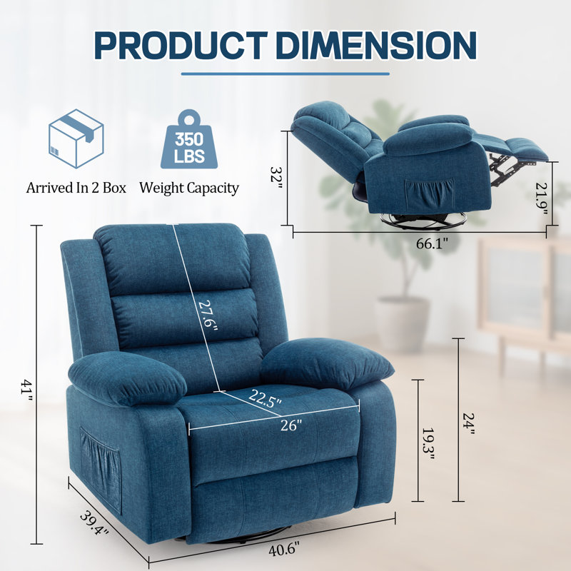 KORSER Recliner Chair With Heat And Massage,Oversized Recliner, 360°Swivel Manual Recliners For Living Room, Rocker Recliner With Side Pockets