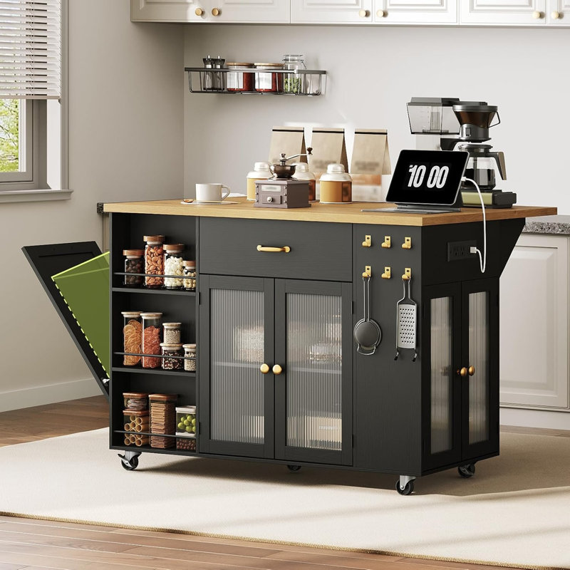 Îlot de cuisine avec abattant et station de charge, chariot de cuisine mobile sur roulettes, 2 tiroirs de rangement, armoire à déchets, tablettes ouvertes à 3 niveaux