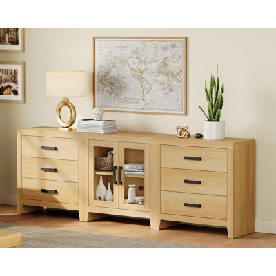 Meuble télé pour téléviseur de 85 po ou moins, meuble audio-vidéo multifonction 3 en 1 avec tiroirs et portes en verre, console multimédia pour salon, chambre à coucher, cinéma maison, beige