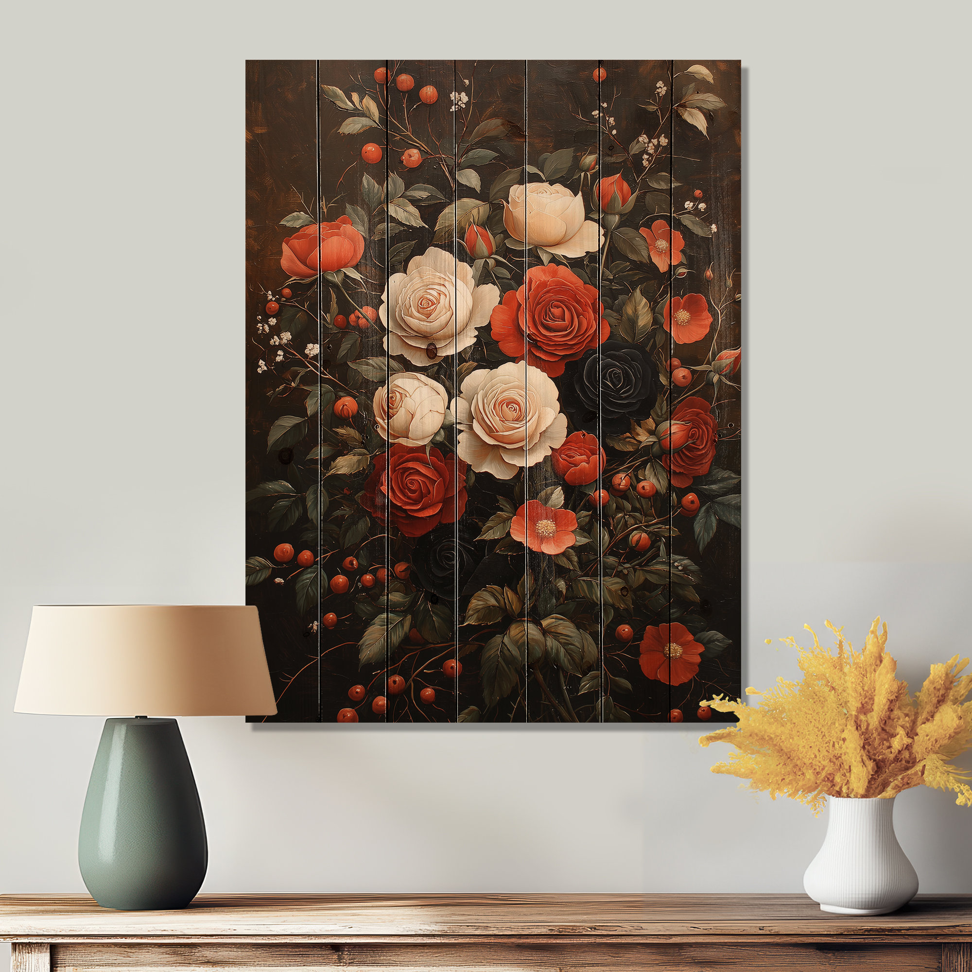 Vintage Roses Composition of Darkness - Roses Wood Wall Decor - On Natural Pine Wood Ophelia \u0026 Co. Size: 20\, image size:2000x2000