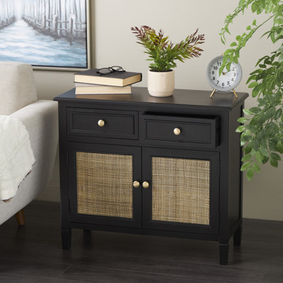 Anaye Wood Handmade 2 Drawers and 2 Door Black Cabinet with Rattan Front by Bay Isle Home