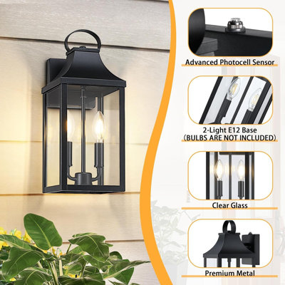 15" Dusk To Dawn Black Outdoor Wall Lantern 2-light, Outside Modern Wall Sconce Light Fixture, Industrial Porch Light With E12 Sockets, Waterproof Exterior Lamp Lighting, Black