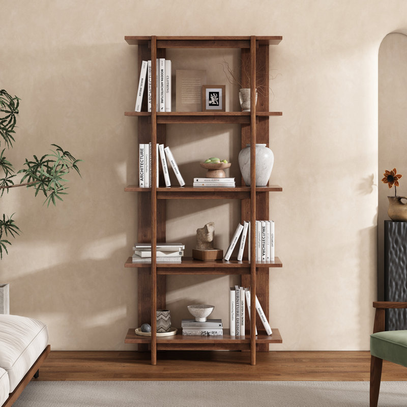 Toran 4-Tier Acacia Wood Modern Open Bookcase, Walnut