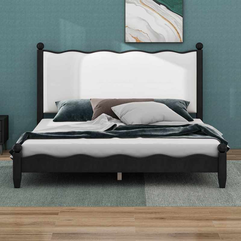 Lit plateforme classique en bois avec tête de lit tapissier festonnée élégante, cadre de lit robuste et durable, Black/Beige