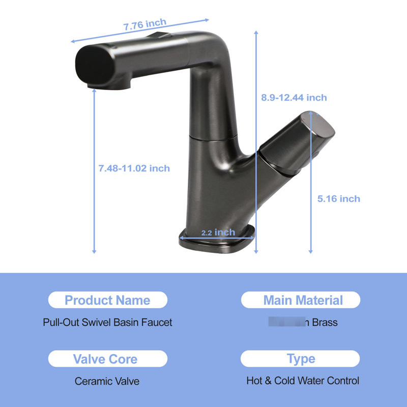 Gunmetal Black Pull - Down Bathroom Faucet, Three Flow Modes, 90 Cm Water Supply Hoses, 360 Swivel Spout, Cold/Hot Adjustment, Complete Installation , Ceramic Valve Mode Faucet In Black, Smooth