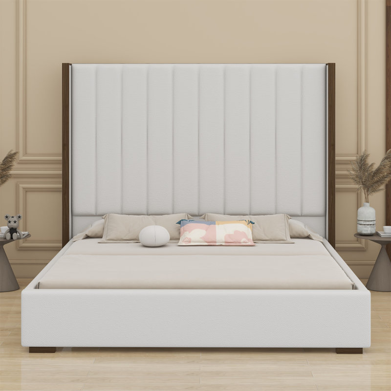 Tall Headboard Upholstered Bed With Vertical Striped And Wingback Design