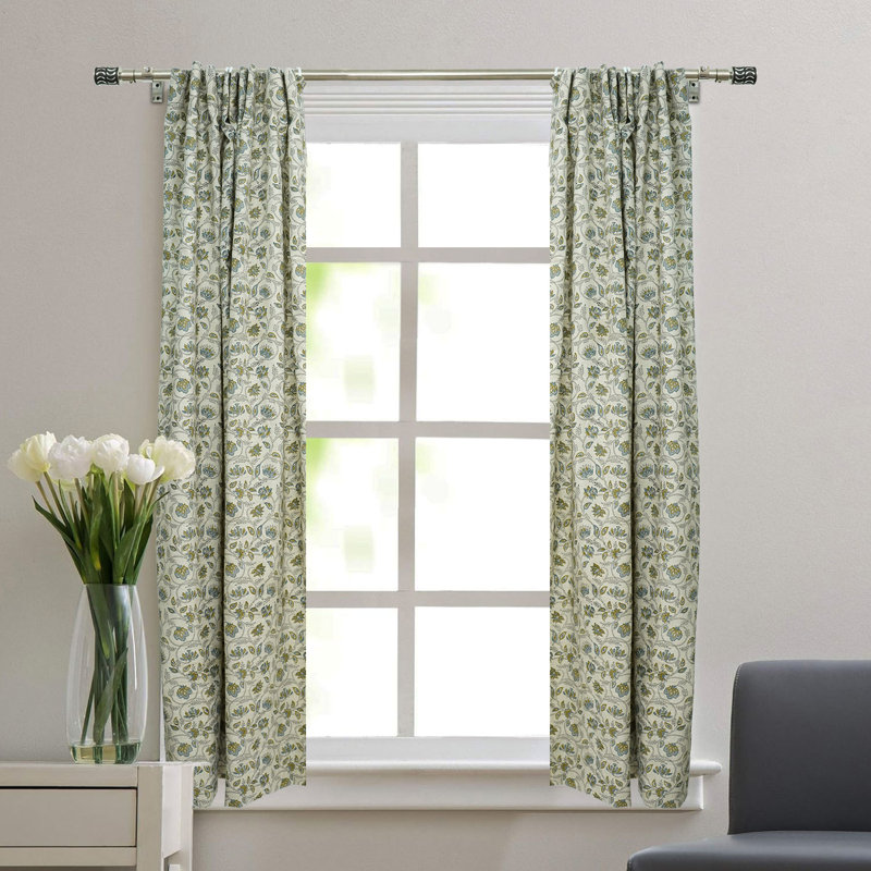 Bluish Green & Mustard Handmade Linen Curtain Light Filtering Block Print Drapes for Elegant Home Décor- Saraswati