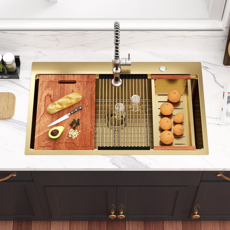 Évier de cuisine à cuve simple encastrable en acier inoxydable 33 po L x 22 po avec accessoires, Or brossé