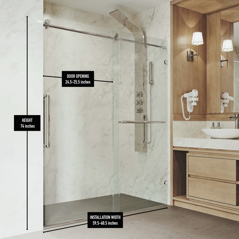 Porte de douche coulissante sans cadre avec verre transparent 3/8 po l 60-61 "x H 74" Ferrara