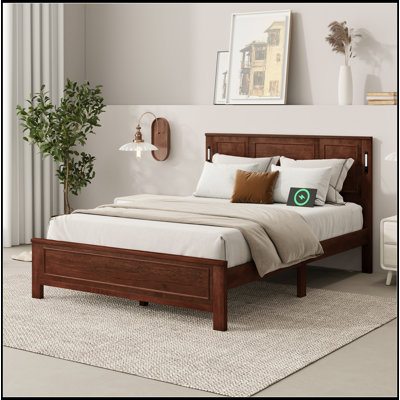 Grand lit avec tête et pied de lit à grand panneau, lumières DEL intégrées, station de charge USB, lit en bois de pin avec cadre de lit renforcé, noyer