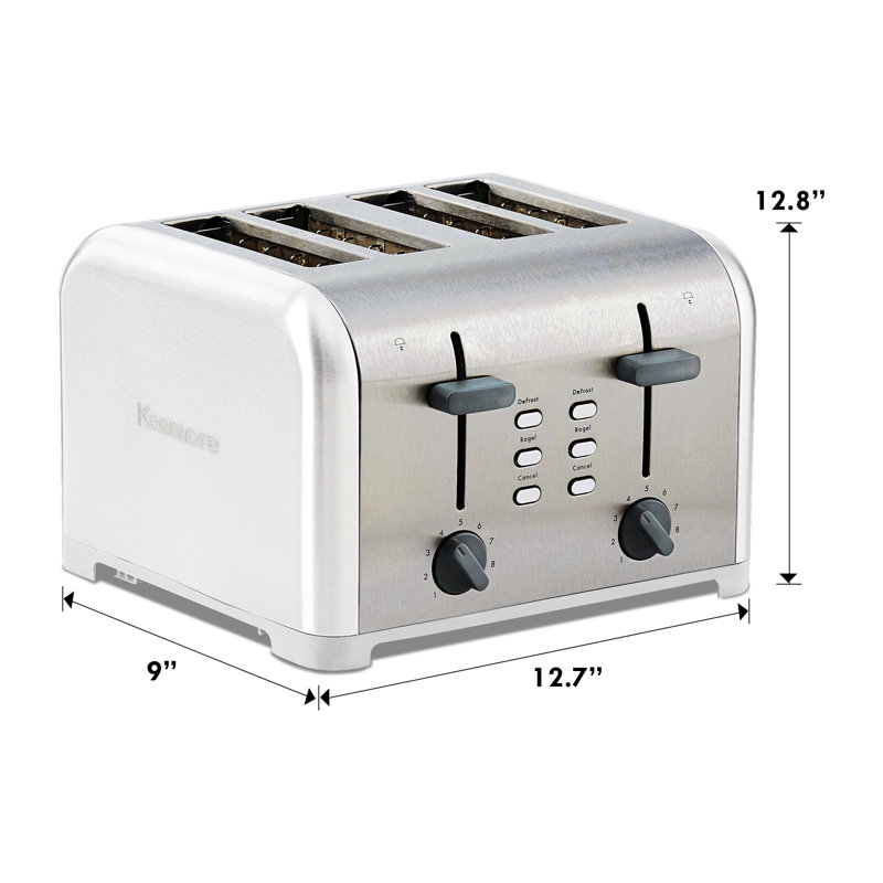 Kenmore 4 Slice Stainless Steel Toaster with Dual Controls, Extra Wide Slots and Bagel & Defrost, Stainless Steel White