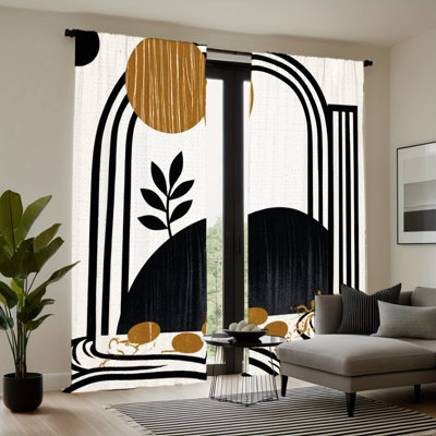 2Pcs Abstract Art Curtains, Black White Gold Arch Leaf Pattern, Rod Pocket Sun Blocking, Minimalist Modern Style, All-Season For Living Room Bedroom Study Window Decor