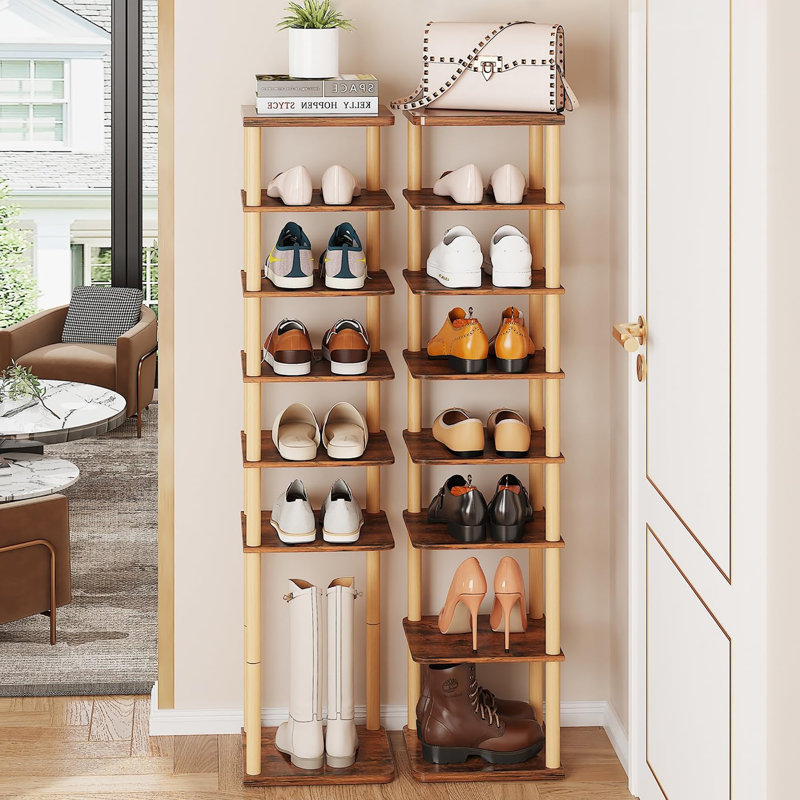 Étagère à chaussures étroite en bois à 8 niveaux, autoportante et adaptée à de multiples décors, Brun rustique