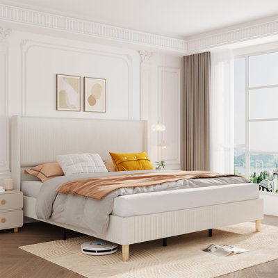 Full Size Corduroy Upholstered Platform Bed Frame with Vertical Channel Tufted Wingback Headboard, Sturdy Wooden Slats,Easy Assembly, Cream