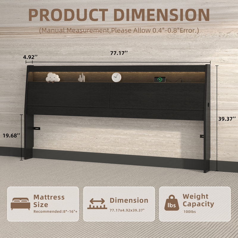 KING Size Black Headboard Only with Storage, LED Light, Storage Shelves, Power Outlets, USB Ports & Skirting Slot, Black