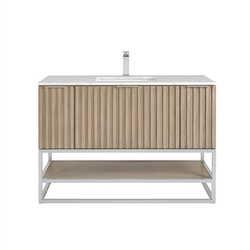 Terra 48'' Single Bathroom Vanity with Top, Carrara Marble/Single Faucet Mount, Cashmere Gray, Brushed Nickel