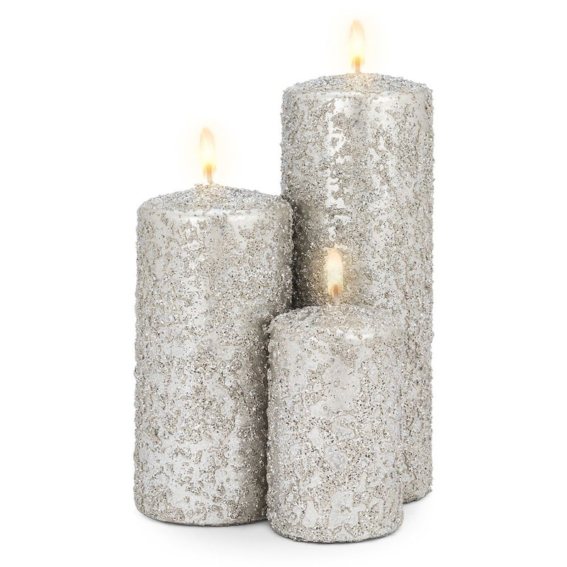 Bougie pilier glacée non parfumée, H 6 po x l 2,8 po x P 2,8 po, Argent