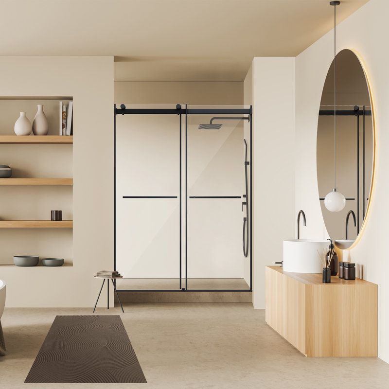 Porte de douche à rouleau exposée sans cadre de style noir mat avec verre transparent Belizzi l 56 po x H 76 po