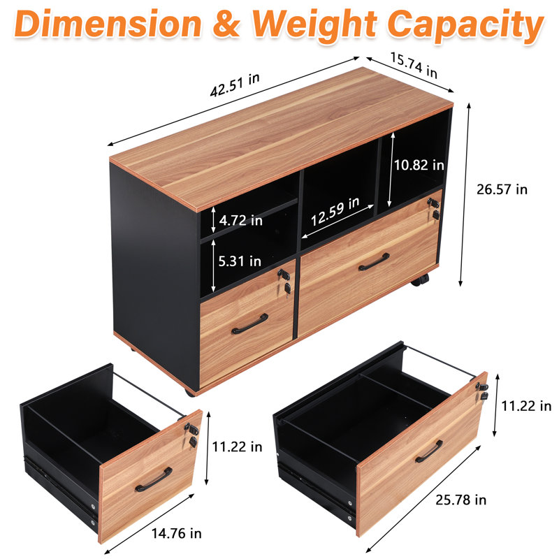 42.51'' Wide 2 -Drawer Mobile File Cabinet