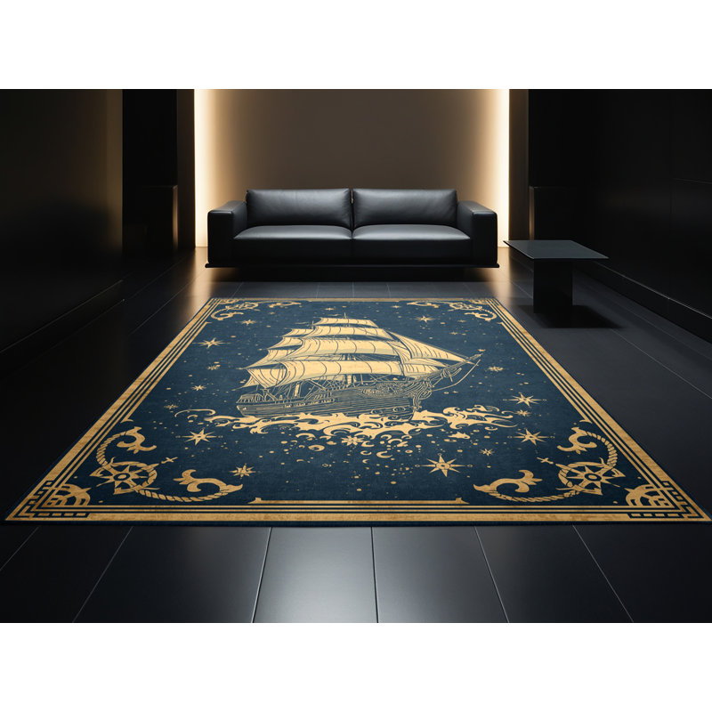 Machine Washable Mendon Pirate Sailing Ship Vintage Vintage Look Rug in Gray – Navy Binding, 7x9