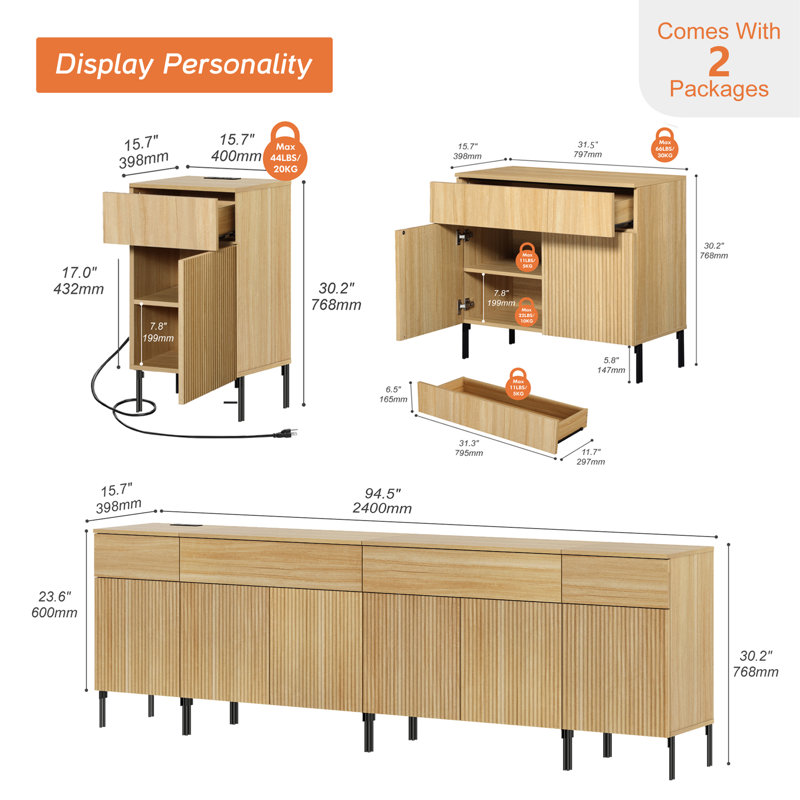Commode à 4 tiroirs 94,5 po en bois avec design Reeded, armoire de rangement minimaliste et commode, Chêne