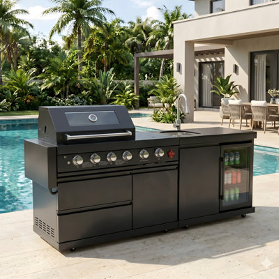 Deluxe Stainless Steel 6-Burner Modular Outdoor Kitchen Island Grill With Sink, Refrigerator & 2 PCS Metal Planter Box With Wheels