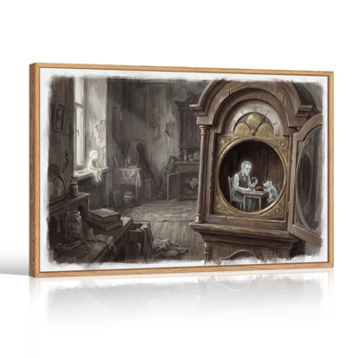 Horloge grand-père avec homme et souris dans une pièce sombre, art d'Halloween sur toile