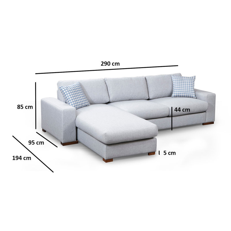 Stylish Corner Sofa with Table, Light Grey, 114.2 x 76.4 x 33.5 inches | Beech Wood & Chipboard Frame, 100% Polyester Fabric | Comfortable 18 DNS Foam & Spring Cushioning | Includes 2 Portable 17.7 x 17.7 inch Cushions, Walnut Legs, Scandinavian Design
