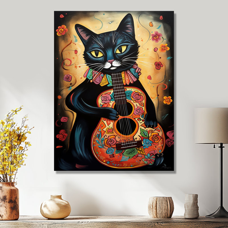 Chat noir jouant de la guitare - art mural chat, Métal métal, H 32 po x l 24 po x P 1 po