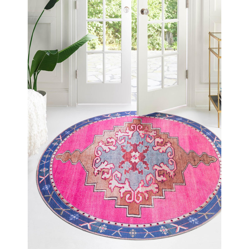 Tapis traditionnel d'Oppie fuchsia / violet, Rond 3 pi 6 po