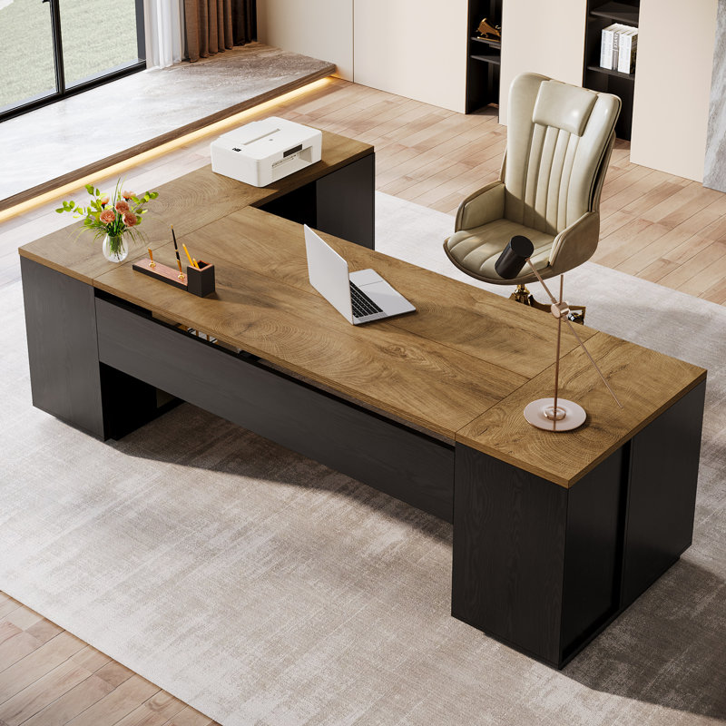 85.8-Inch L-Shaped Executive Desk with File Drawers, Natural/Black