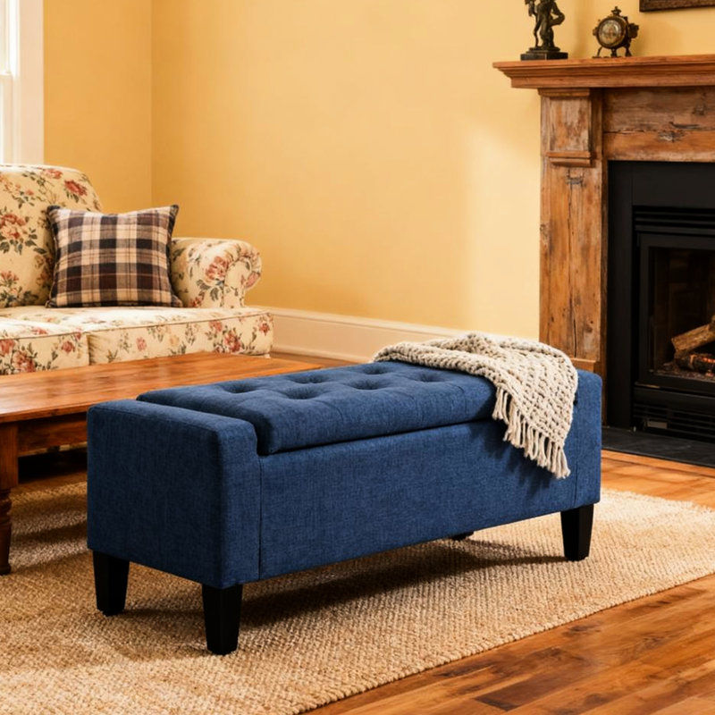 Banc de rangement rembourré, aspect classique, revêtement en lin bleu foncé, pieds en bois d'hévéa, commode spacieuse, largeur de 36,25 po, profondeur de 15,75 po, capacité de 330 lb, banc d'entrée
