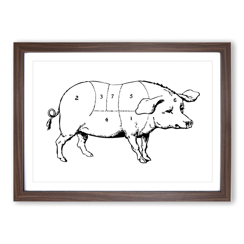 Butchers Pork Cuts - Picture Frame Drawing, 36cm H x 48cm W x 2cm D, Walnut Framed