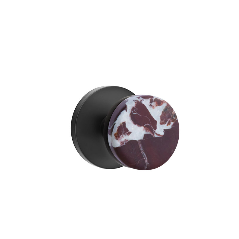 Emtek Select Passage Knobset w/ Disk Rosette & Conical Stem, Rosso Levanto Marble Knob, Flat Black