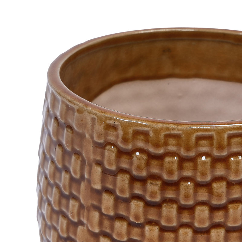 Handmade Glazed Ceramic Planter Set Of 3, 9"/7"/5" Diameter, Diamond Pattern, For Succulents & Herbs Outdoor Garden & Indoor Staircaseuse, Breathable Clay With Drainage Holes, Terracotta Brown