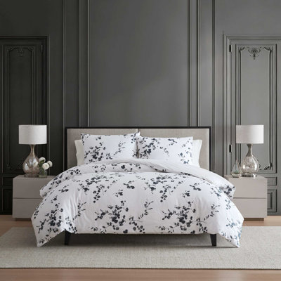 Vera Wang Noir Bouquet Cotton Reversible Grey Duvet Cover Set