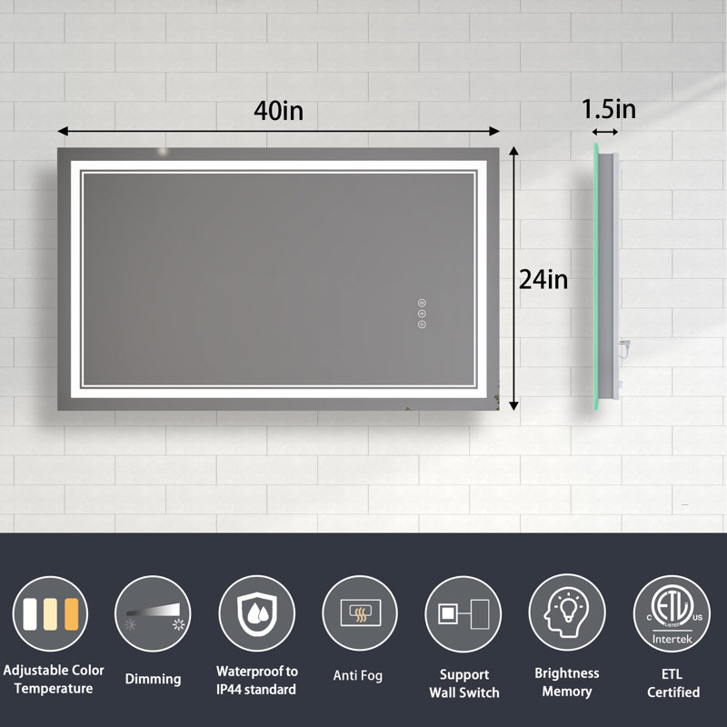 Miroir de salle de bain à DEL à intensité variable avec fonction de désembuage, 24 po x 40 po, Rectangle