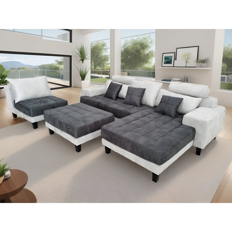 4 - Piece Upholstered Sectional, White/Gray Microfiber/Microsuede, Right Hand Facing
