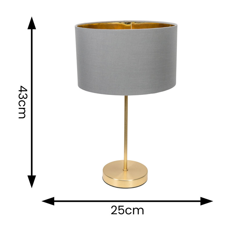 Charlie Gold Stem Metal Table Lamp with Natural with Gold Inner Lamp Shade and LED Bulb, Black, Yes, Gold Base/Grey Shade