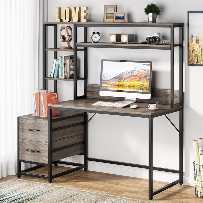 Bureau d'ordinateur 55 pouces gris avec huche (sans la chaise)