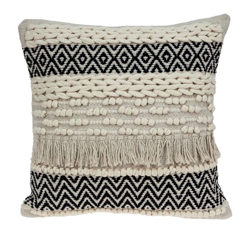 Coussin 18 "en coton beige avec frange