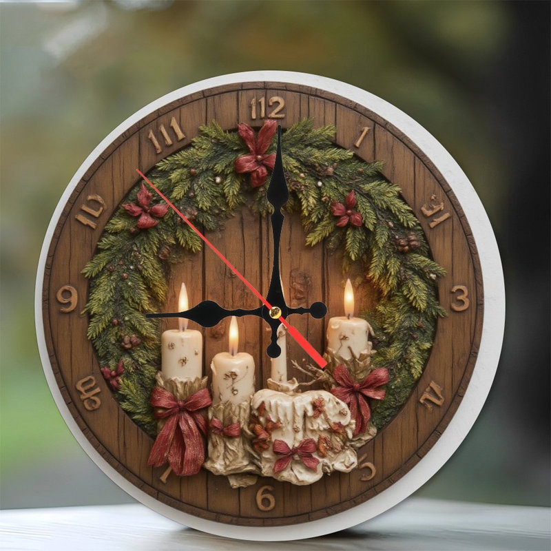 Horloge-couronne-en-bois-avec-quatre-bougies-allumées