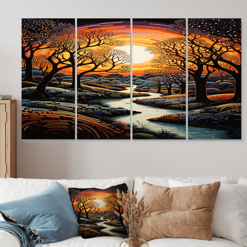 "Enchanted Forest Blue Stream Sunset", art mural 4 pièces, H 28 po x l 48 po
